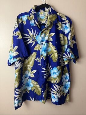 Vintage 1996 Rima Men's Blue Tropical Floral Hawaiian Shirt XL